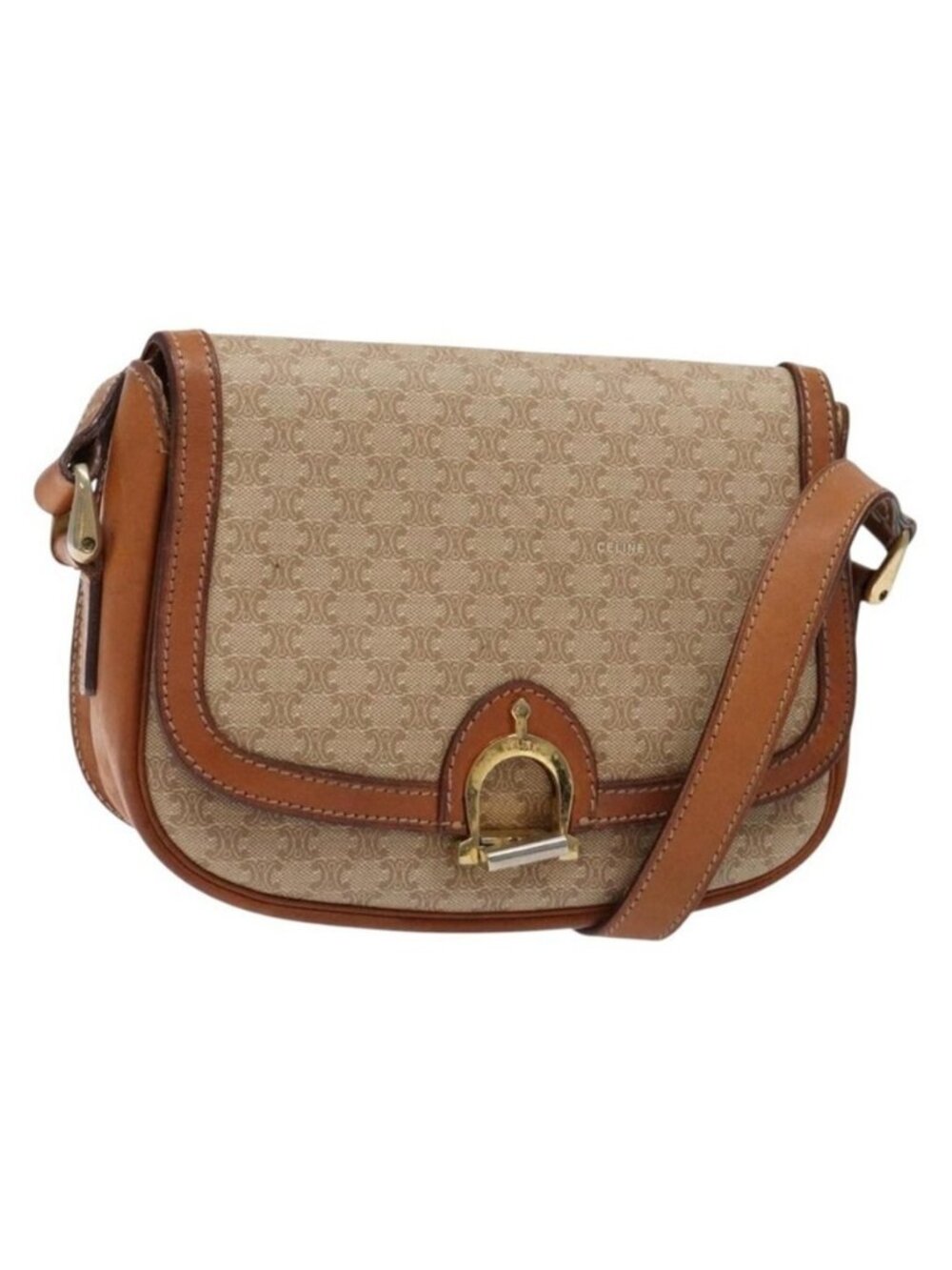 Authentic CELINE Macadam Canvas Shoulder Bag Beige Gold